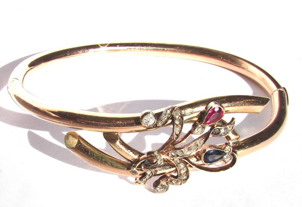 Браслет золотой 56 проба с бриллиантами рубином и сапфиром Россия Царизм